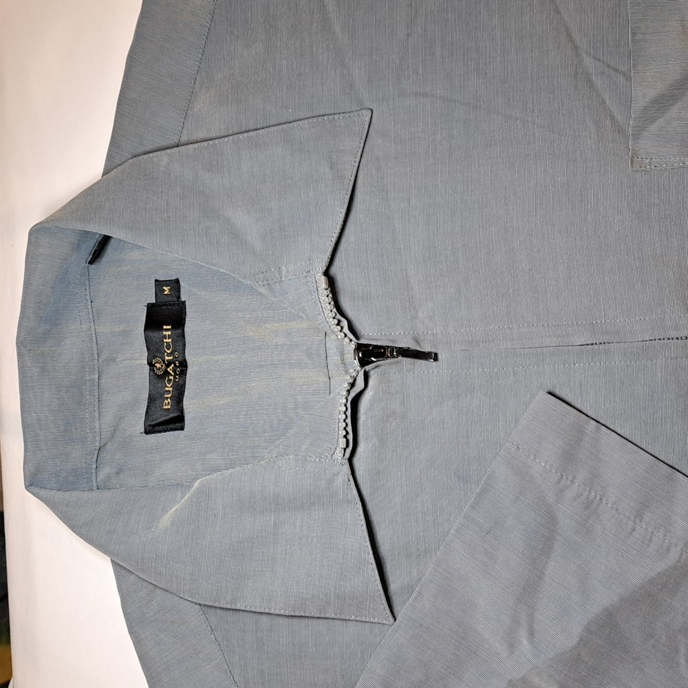 Bugatchi, Size Medium, Blue/Gold, Short Sleeve, Zip-up Casual Shirt